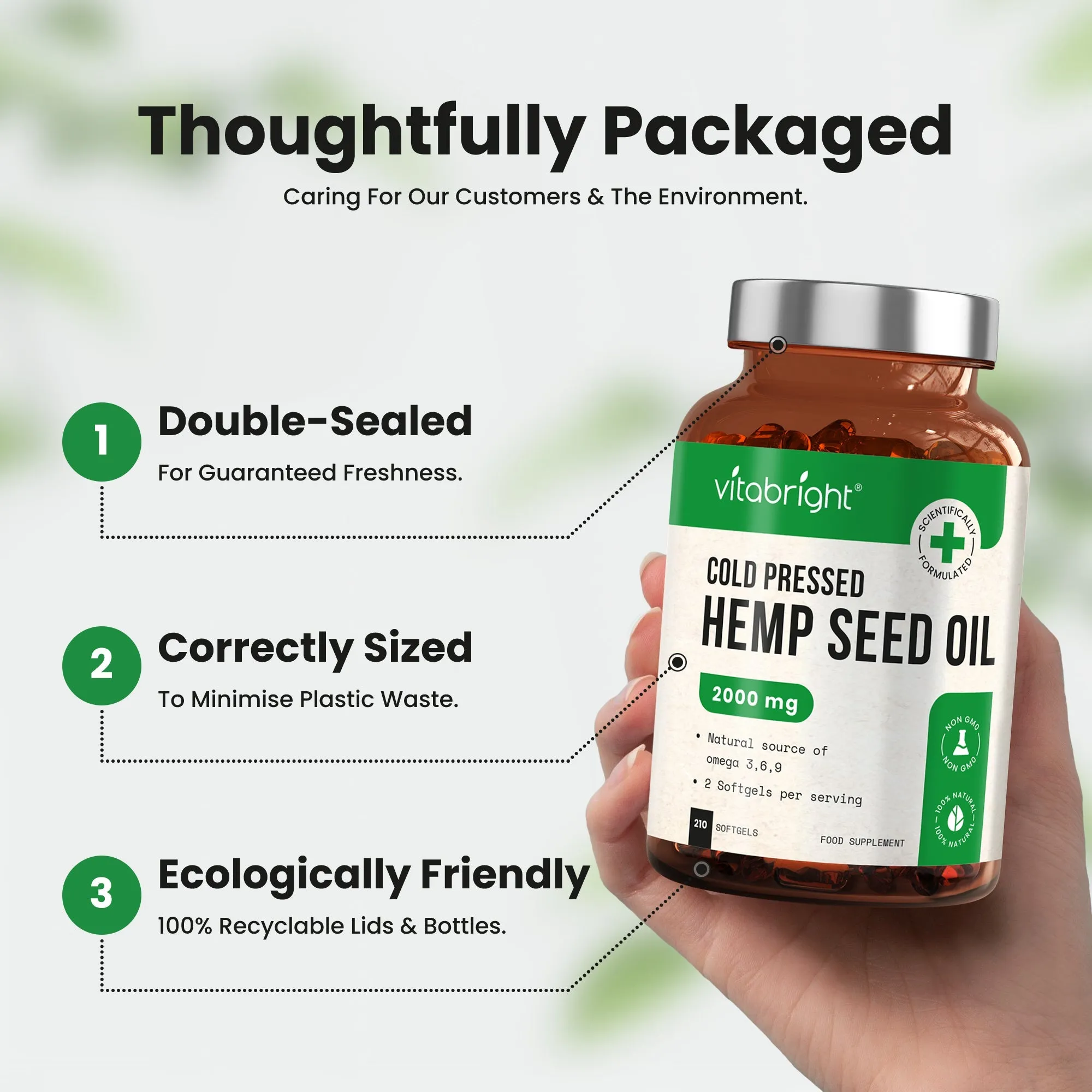 Hemp Seed Oil Capsules - Natural Source of Omega 3, 6 & 9 - 2000mg, 210 Softgels