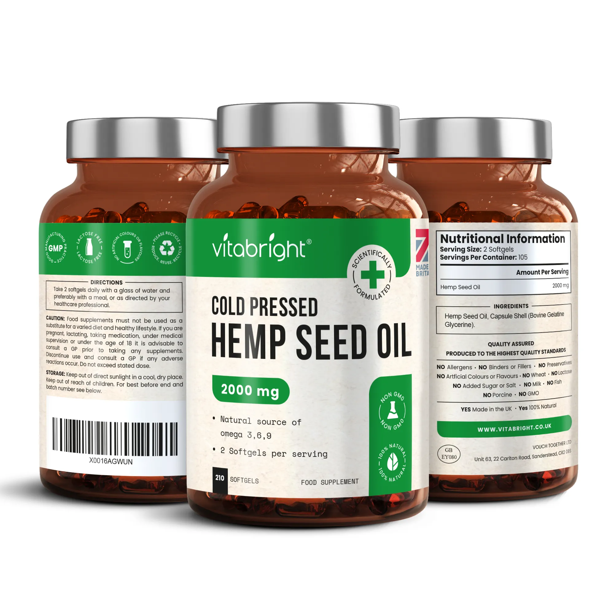 Hemp Seed Oil Capsules - Natural Source of Omega 3, 6 & 9 - 2000mg, 210 Softgels