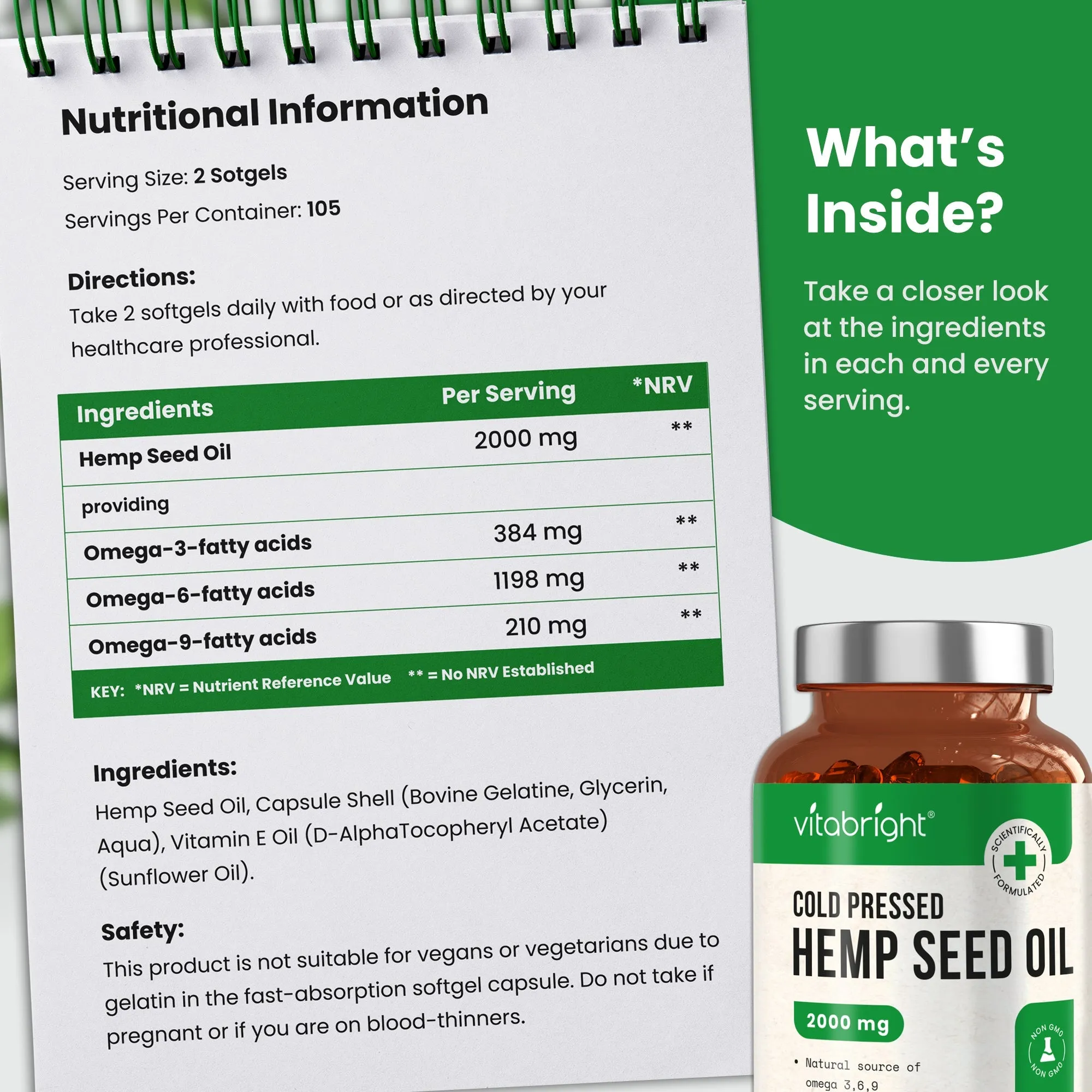 Hemp Seed Oil Capsules - Natural Source of Omega 3, 6 & 9 - 2000mg, 210 Softgels