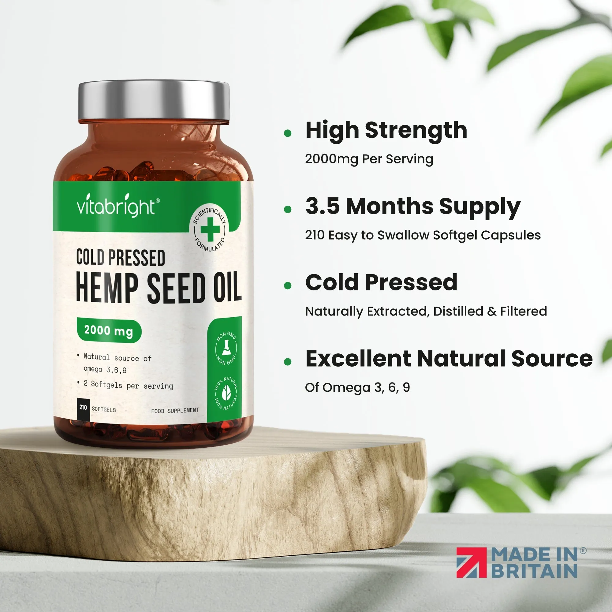Hemp Seed Oil Capsules - Natural Source of Omega 3, 6 & 9 - 2000mg, 210 Softgels