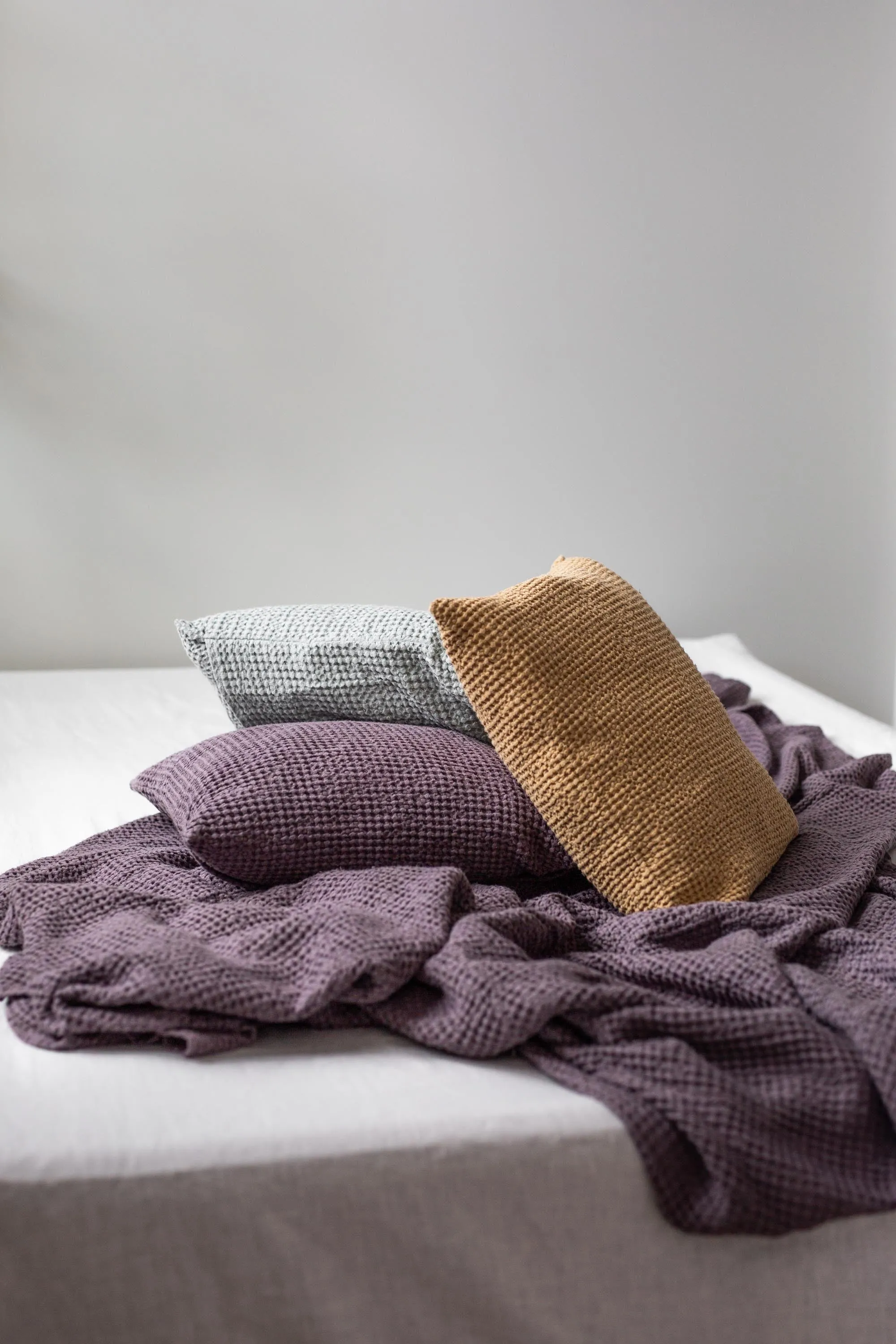 Linen waffle bed throw in Dusty Lavender by AmourLinen